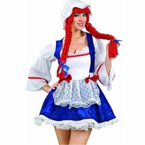 Blue and White Rag Doll Adult Costume with Red Accents